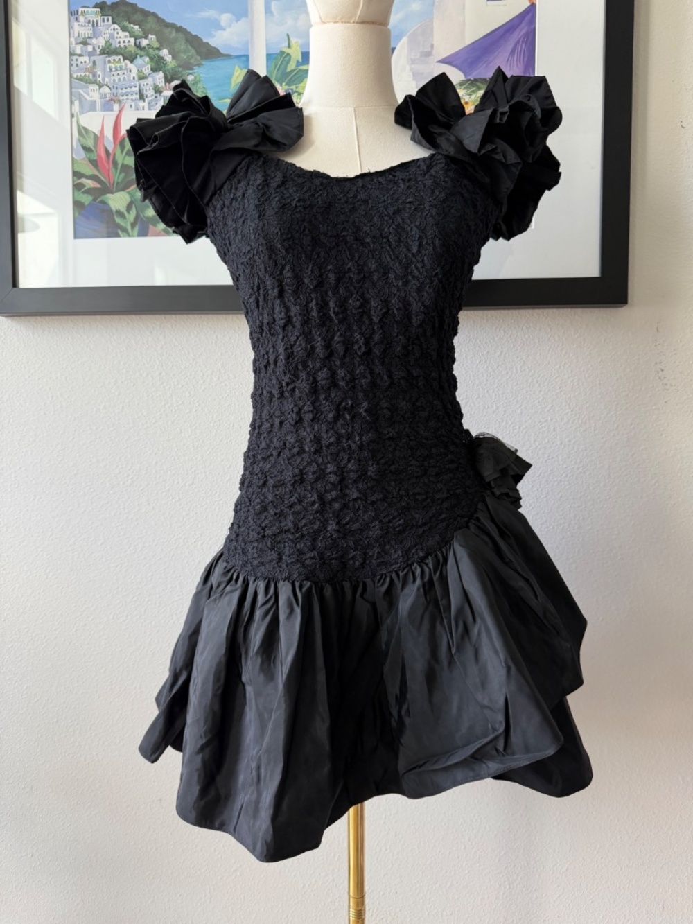 80s VINTAGE Breakin' loose Made in USA Puff Sleeve Asymmetrical Rosette Dress
